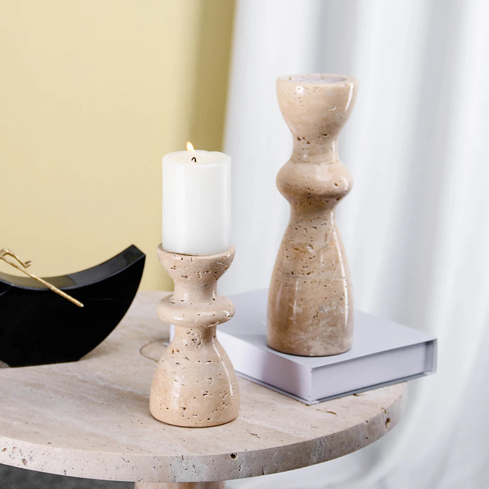 Industrial Natural Travertine Marble Candle Holder - Cylindrical Design
