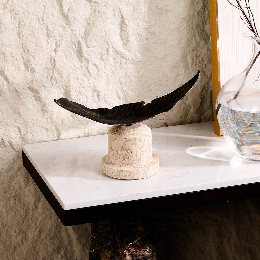 Artistic Leaf Sculpture - Luxury Alloy & Marble Home Decor & Artistic Piece